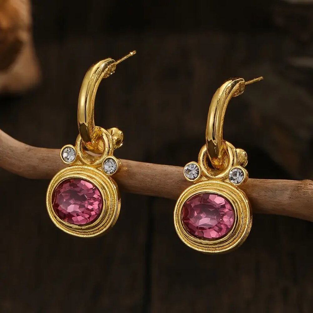 NEW pink white bezel CZ dangle earrings yellow goldtone